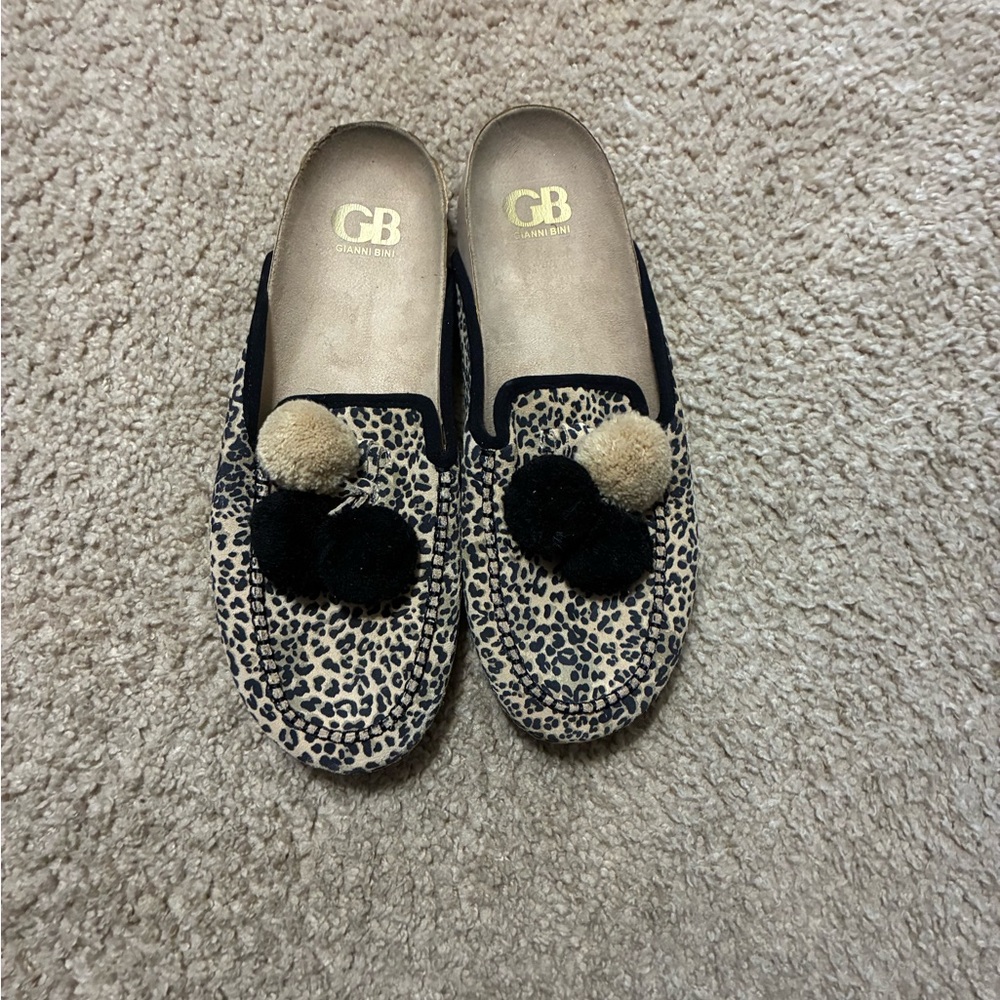 Gianni Bini Leopard Pom Slide Mules - Tan & Black